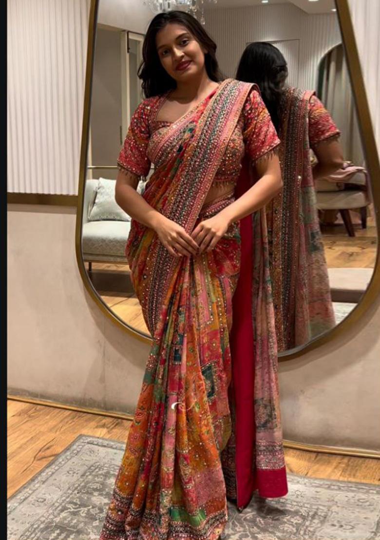 Brick Red Mirror Work Silk Saree Set - Indya