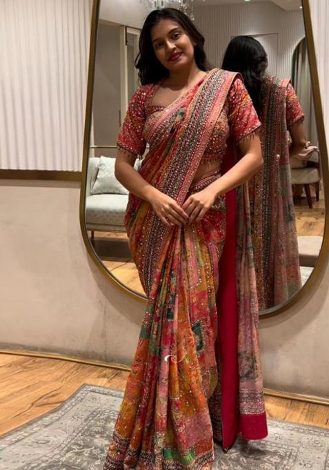 Brick Red Mirror Work Silk Saree Set — view on Indya