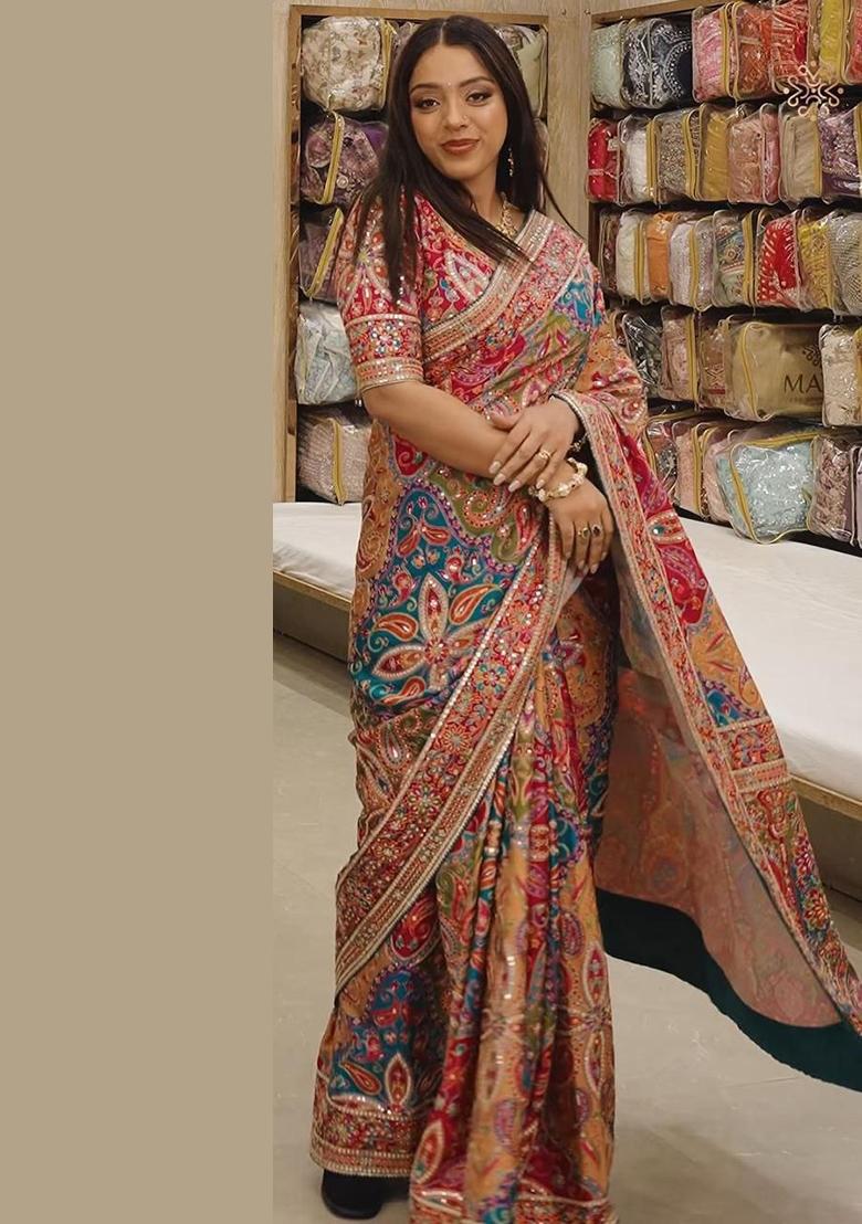 Multicolor Mirror Work Silk Saree Set - Indya