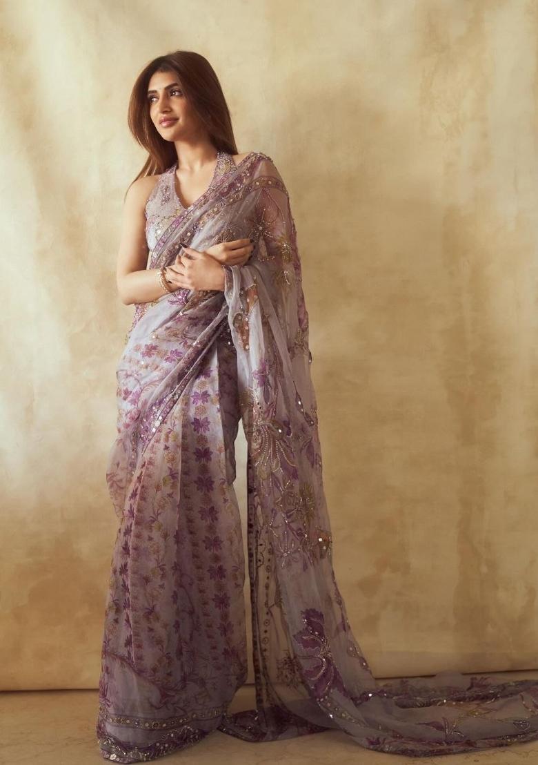 Purple Mirror Work Silk Saree Set - Indya