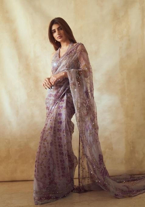 Purple Mirror Work Silk Saree Set — view on Indya