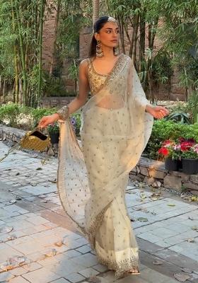 White Sequin Silk Saree Set