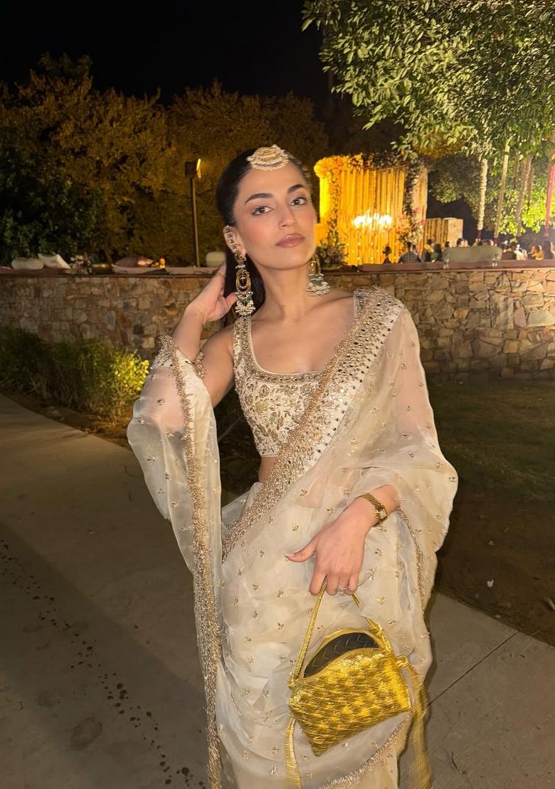 White Sequin Silk Saree Set - Indya