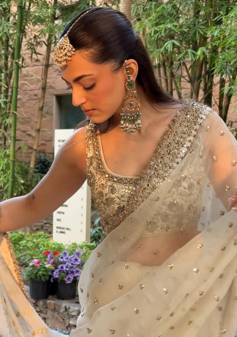 White Sequin Silk Saree Set - Indya