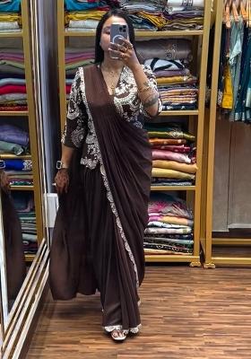 Brown Embroidery Silk Saree Set