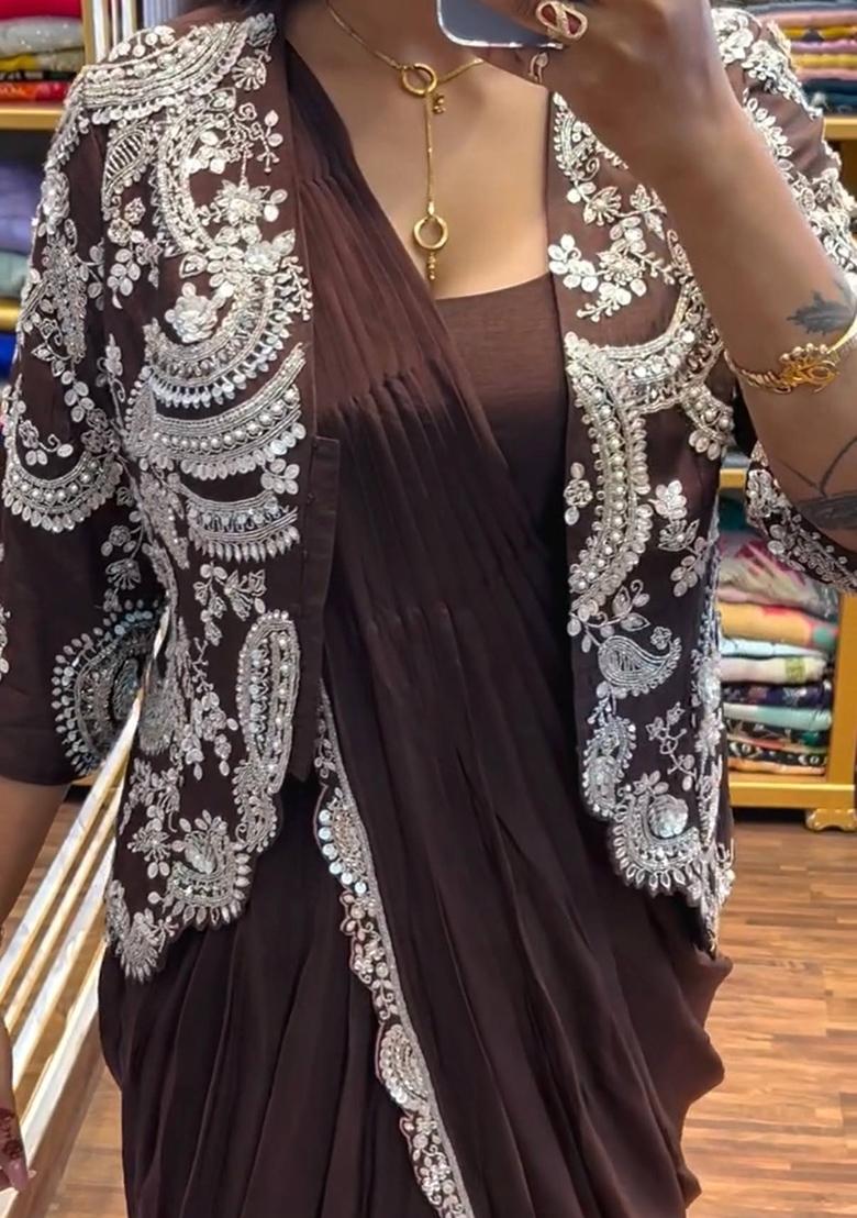 Brown Embroidery Silk Saree Set - Indya