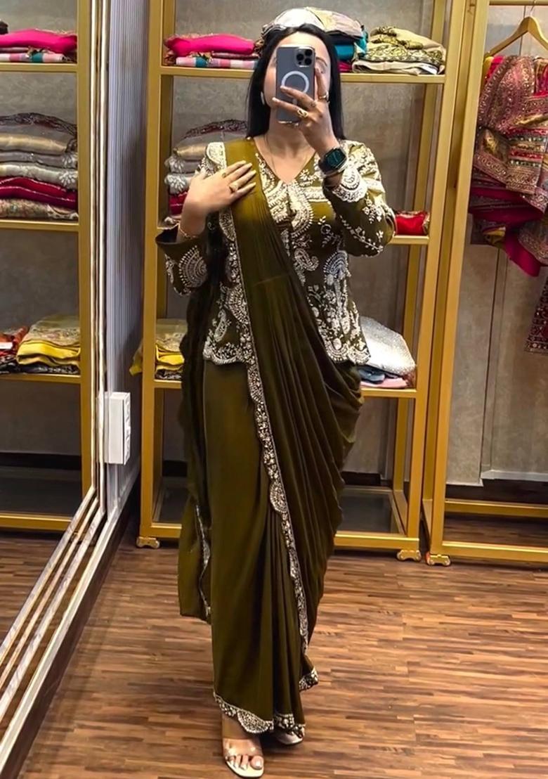 Mehendi Embroidery Silk Saree Set - Indya