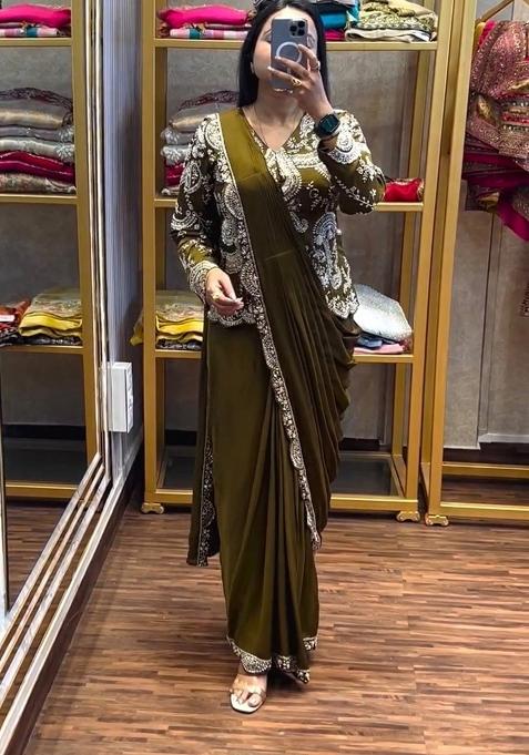 Mehendi Embroidery Silk Blend Saree Set
