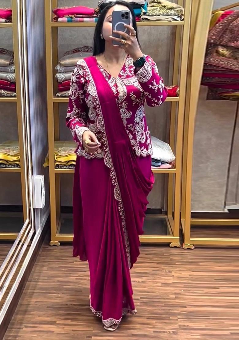Pink Embroidery Silk Saree Set - Indya