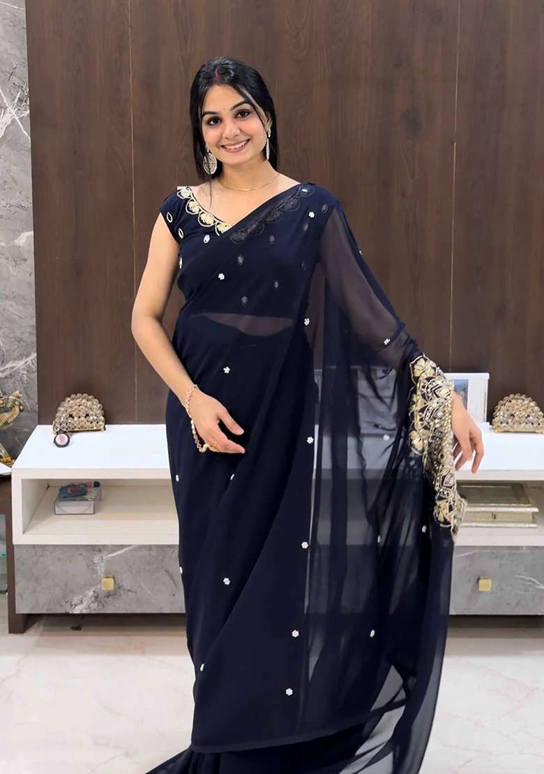 Black Georgette Saree Set with Embroidery for Diwali | Wedding & Festive Wear - Indya