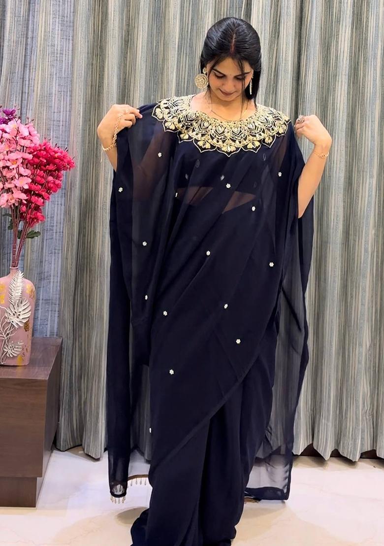 Black Embroidery Georgette Saree Set - Indya