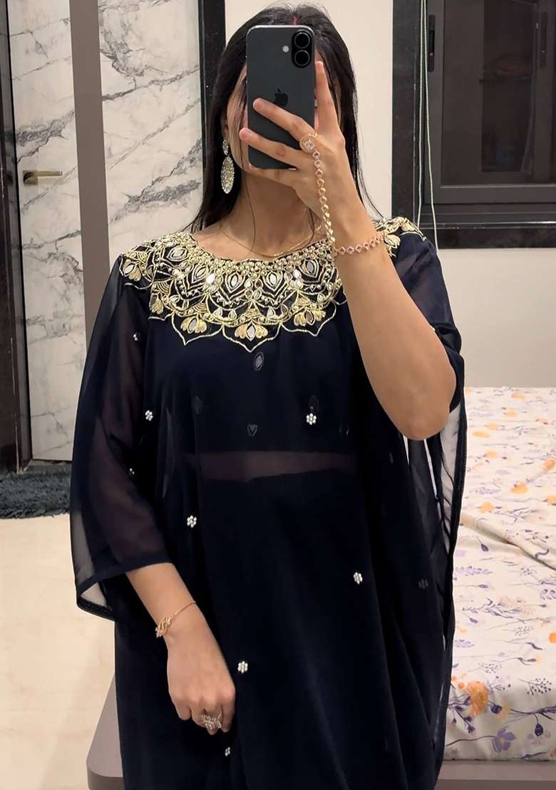 Black Georgette Saree Set with Embroidery for Diwali | Wedding & Festive Wear - Indya