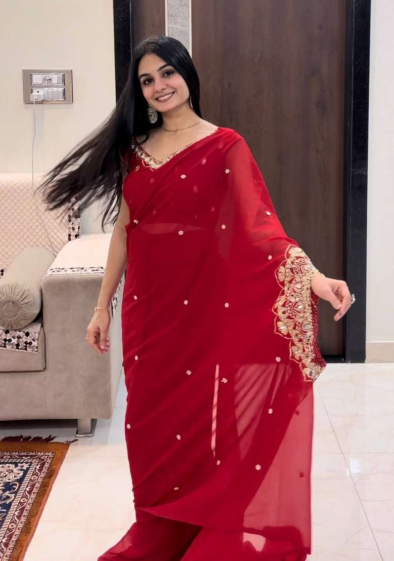 Red Georgette Saree Set with Embroidery for Diwali | Wedding & Festive Wear - Indya