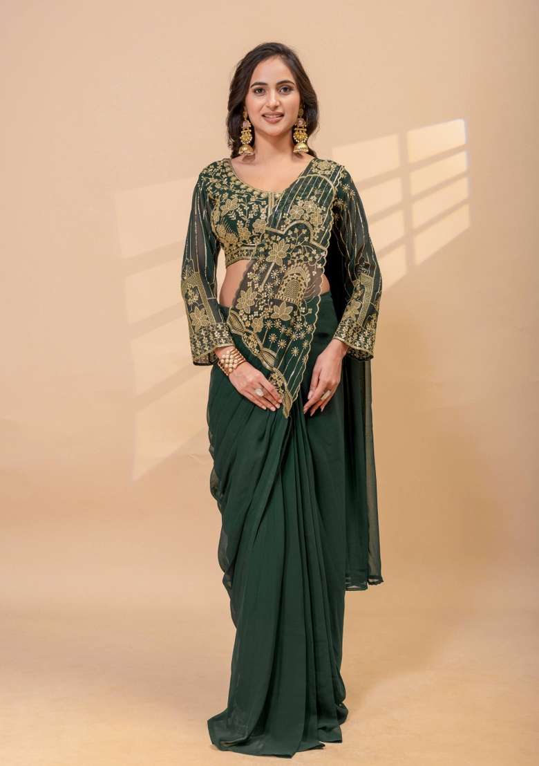 Green Georgette Saree Set with Embroidery for Diwali | Wedding & Festive Wear - Indya