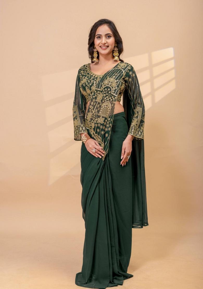 Green Embroidery Georgette Saree Set - Indya