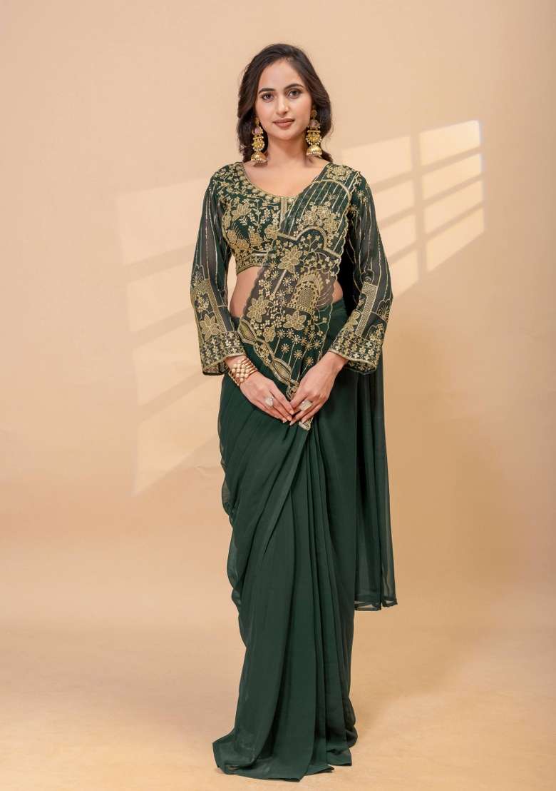 Green Georgette Saree Set with Embroidery for Diwali | Wedding & Festive Wear - Indya