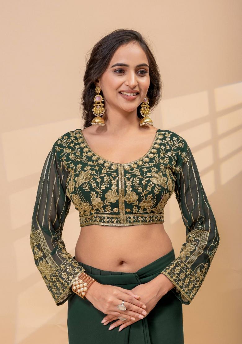 Green Embroidery Georgette Saree Set - Indya