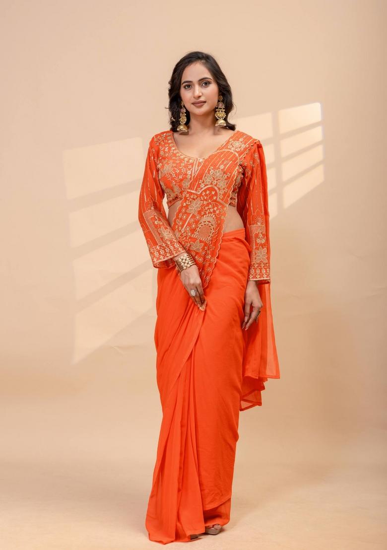 Orange Embroidery Georgette Saree Set - Indya