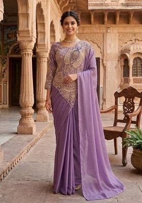 Lavender Embroidery Silk Saree Set