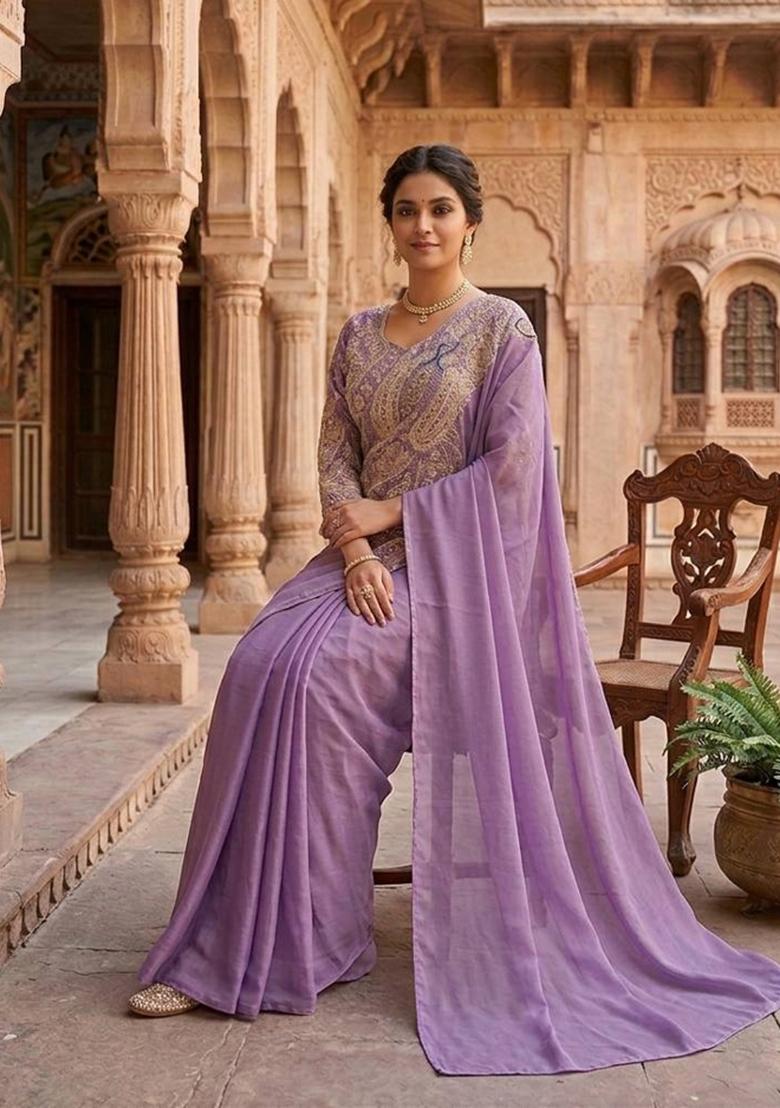Lavender Embroidery Silk Saree Set - Indya
