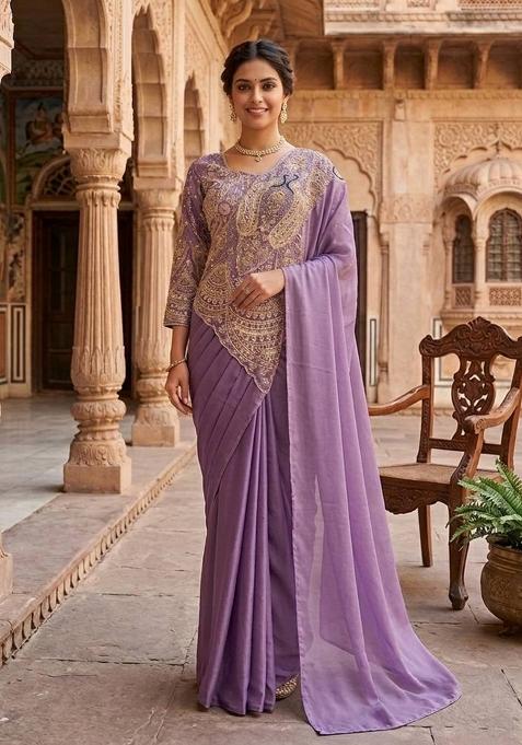 Lavender Embroidery Silk Blend Saree Set
