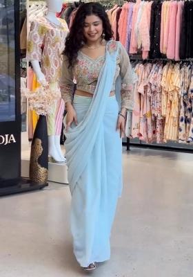 Sky Blue Embroidery Georgette Saree Set