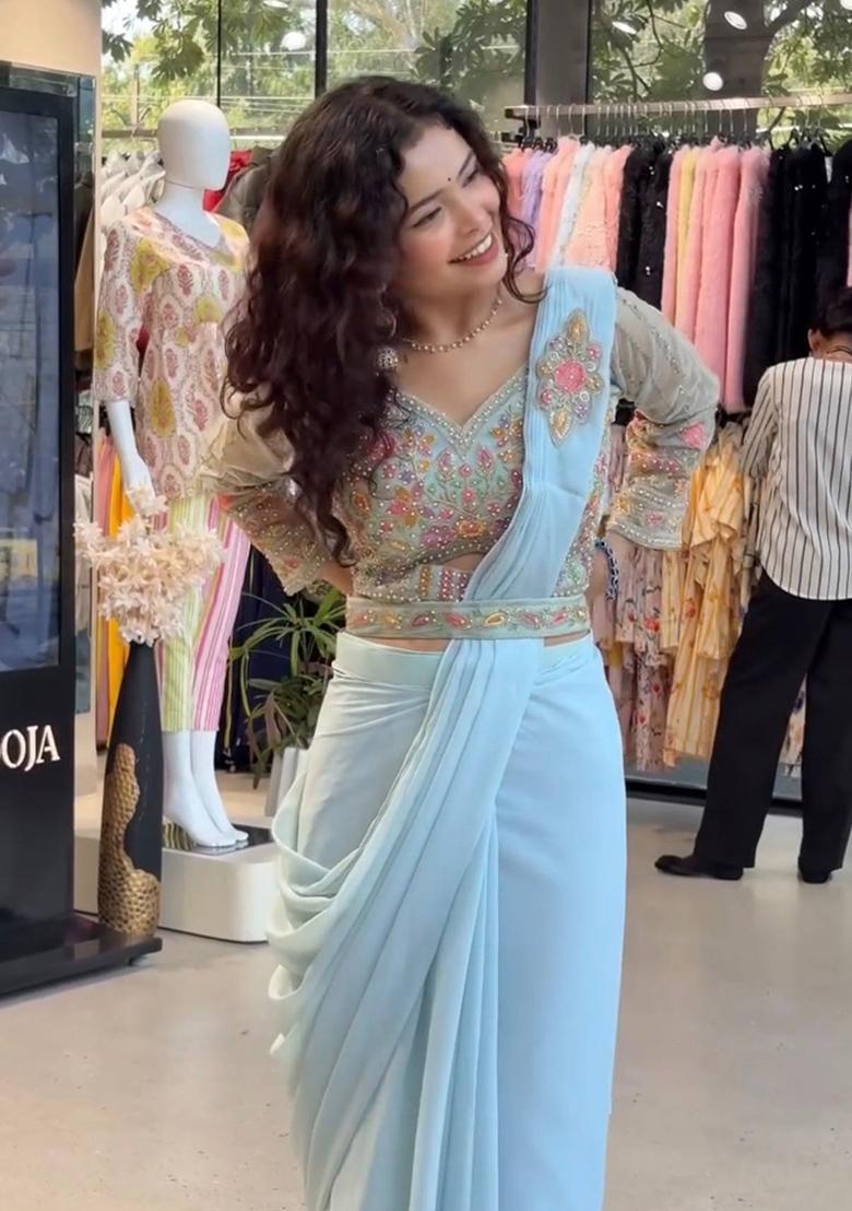 Sky Blue Embroidery Georgette Saree Set - Indya