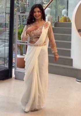 White Embroidery Georgette Saree Set