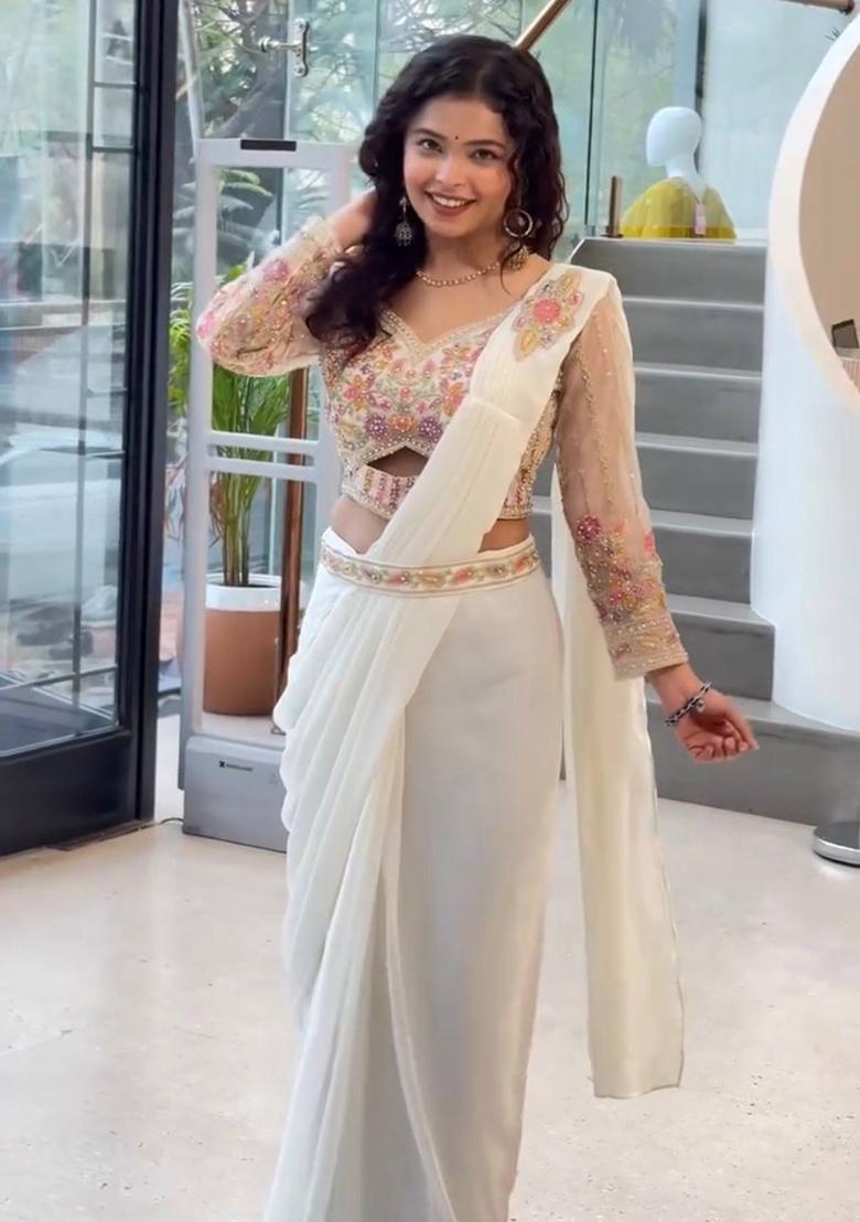 White Embroidery Georgette Saree Set - Indya