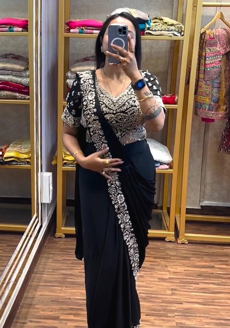 Black Embroidery Silk Saree Set - Indya