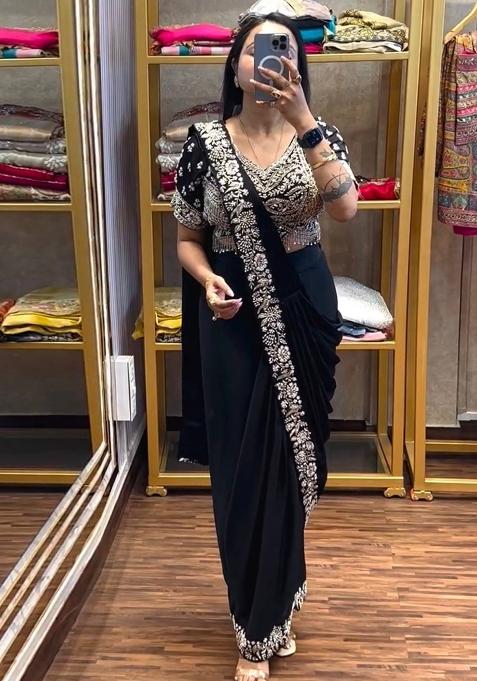 Black Embroidery Silk Saree Set