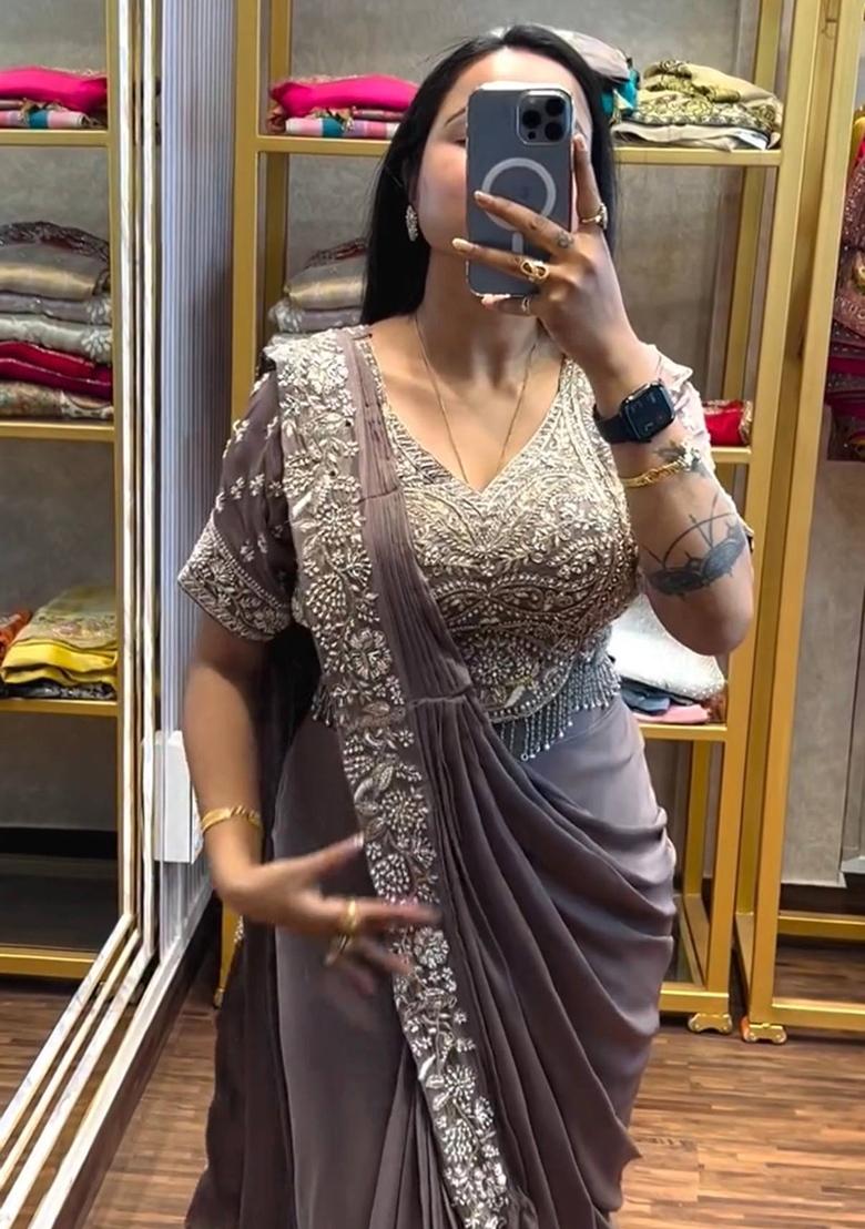 Grey Embroidery Silk Saree Set - Indya