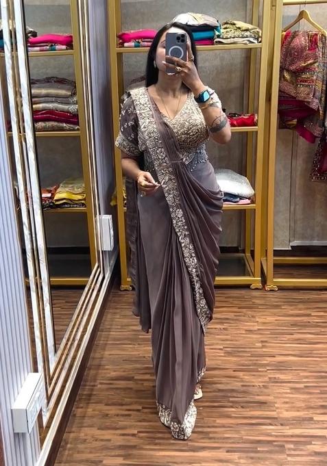 Grey Embroidery Silk Saree Set