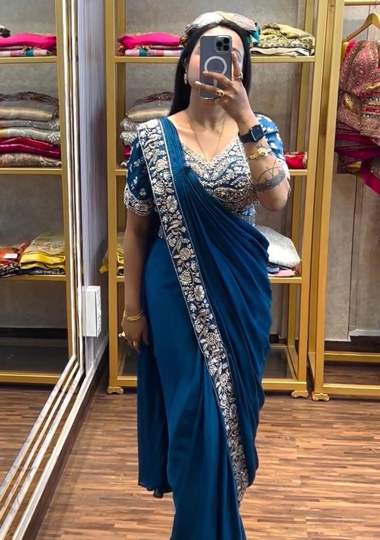 Rama Embroidery Silk Saree Set - Indya