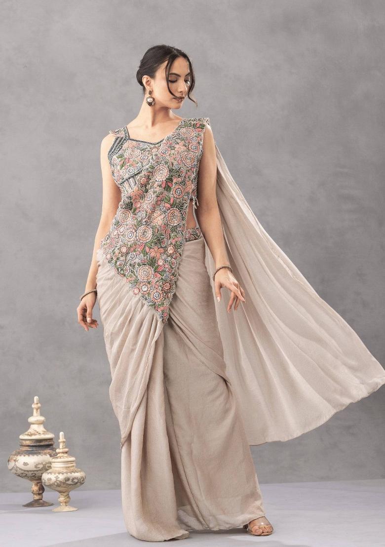 Off White Embroidery Silk Saree Set - Indya