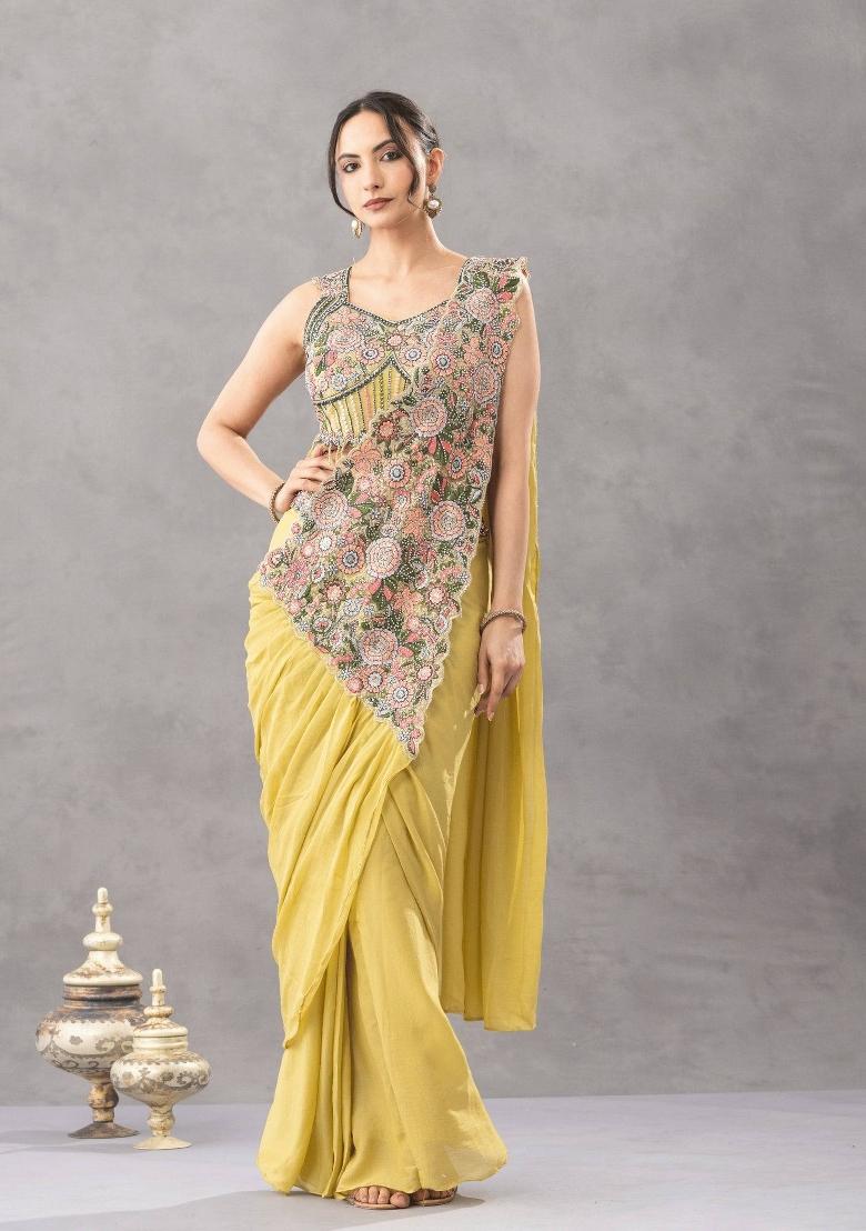 Yellow Embroidery Silk Saree Set - Indya