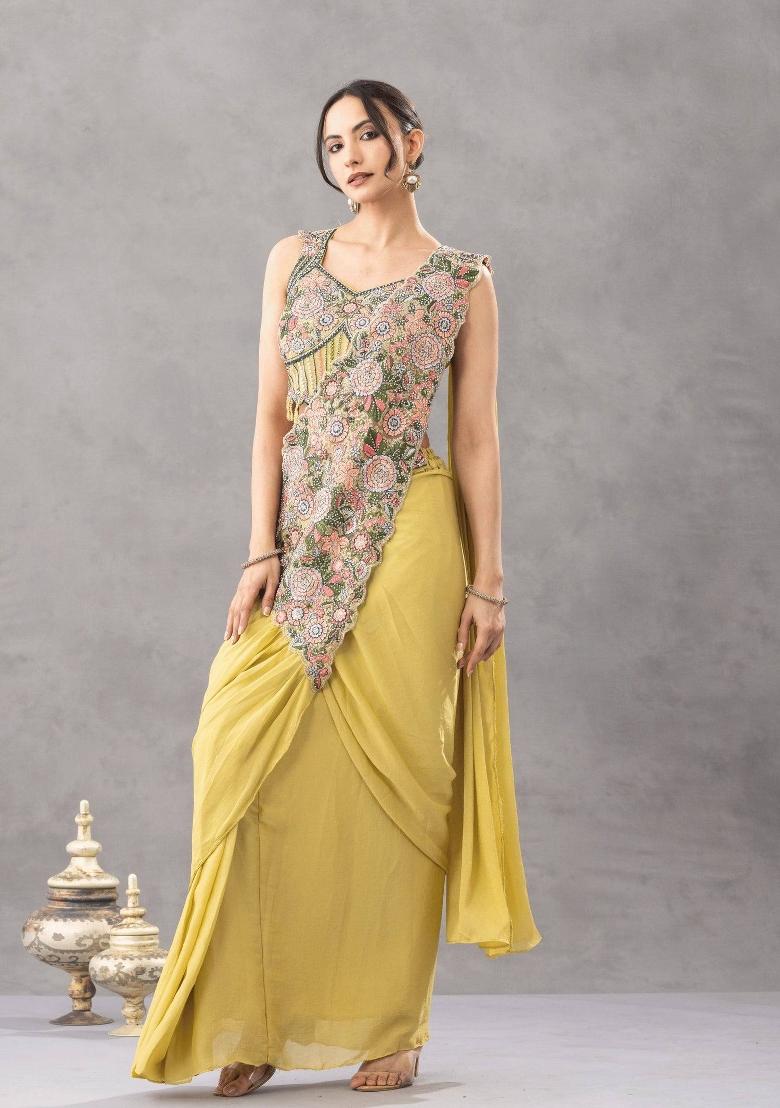 Yellow Embroidery Silk Saree Set - Indya