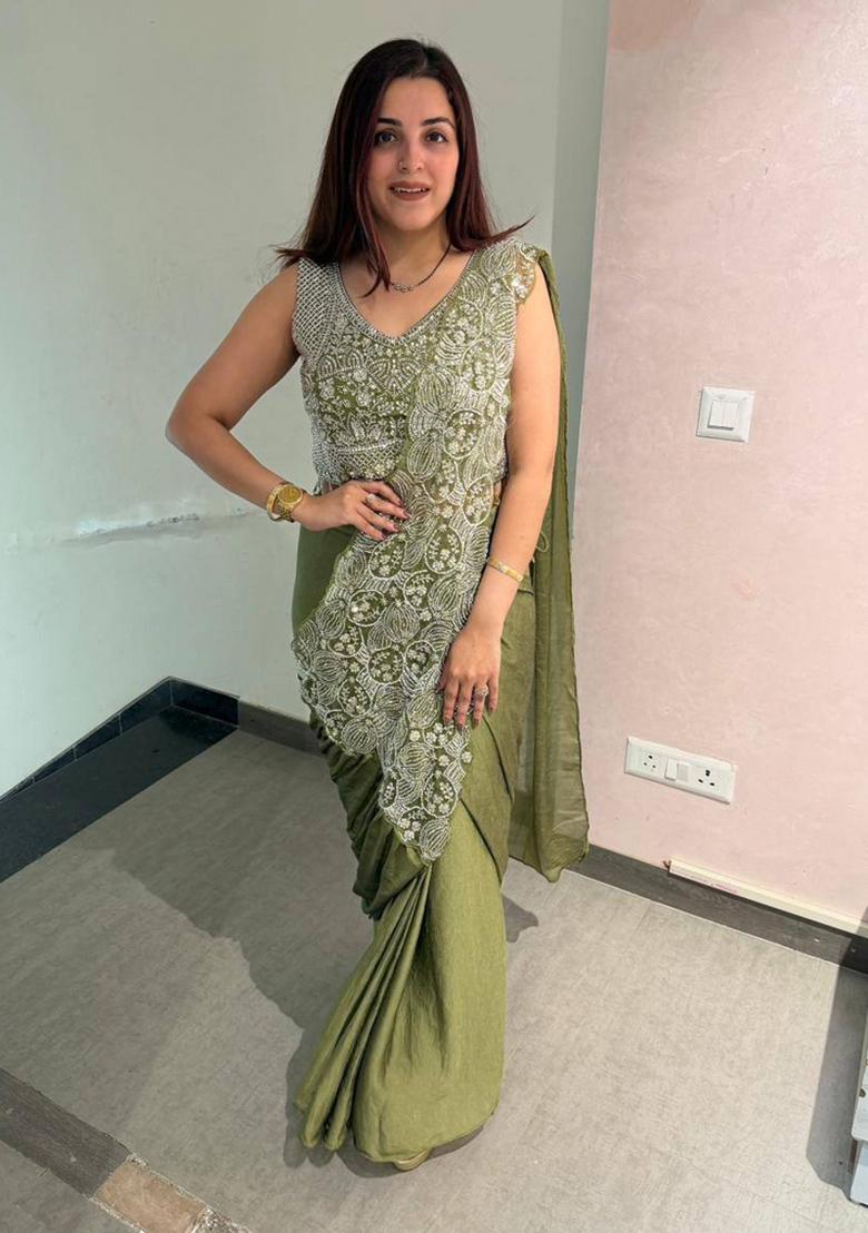 Mehendi Embroidery Silk Saree Set - Indya