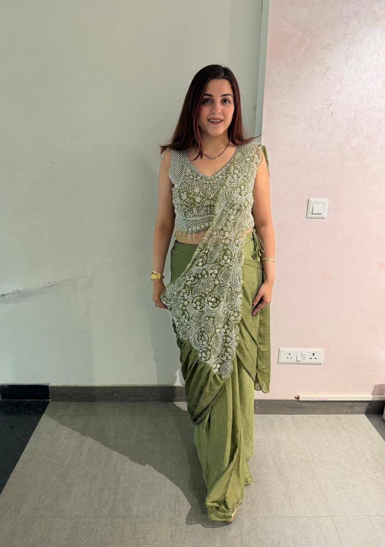 Mehendi Embroidery Silk Saree Set - Indya