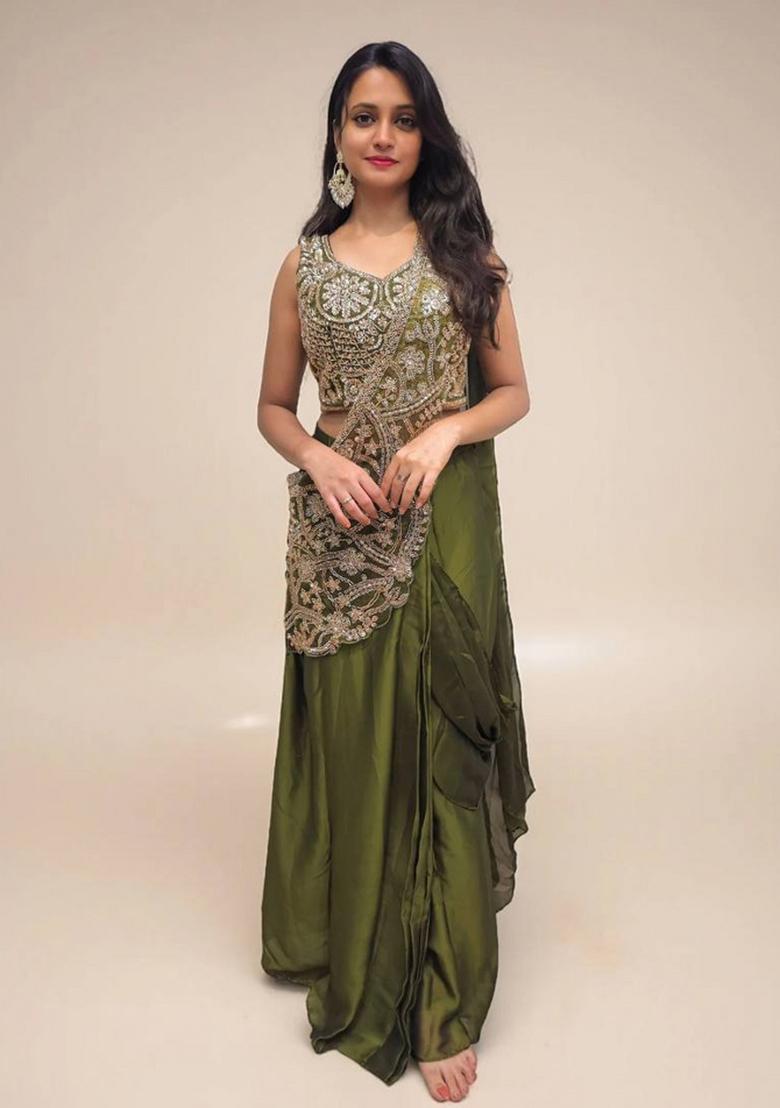 Mehendi Embroidery Silk Saree Set - Indya