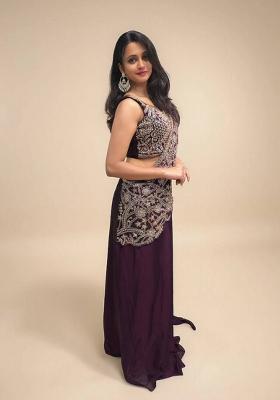 Wine Embroidery Silk Saree Set