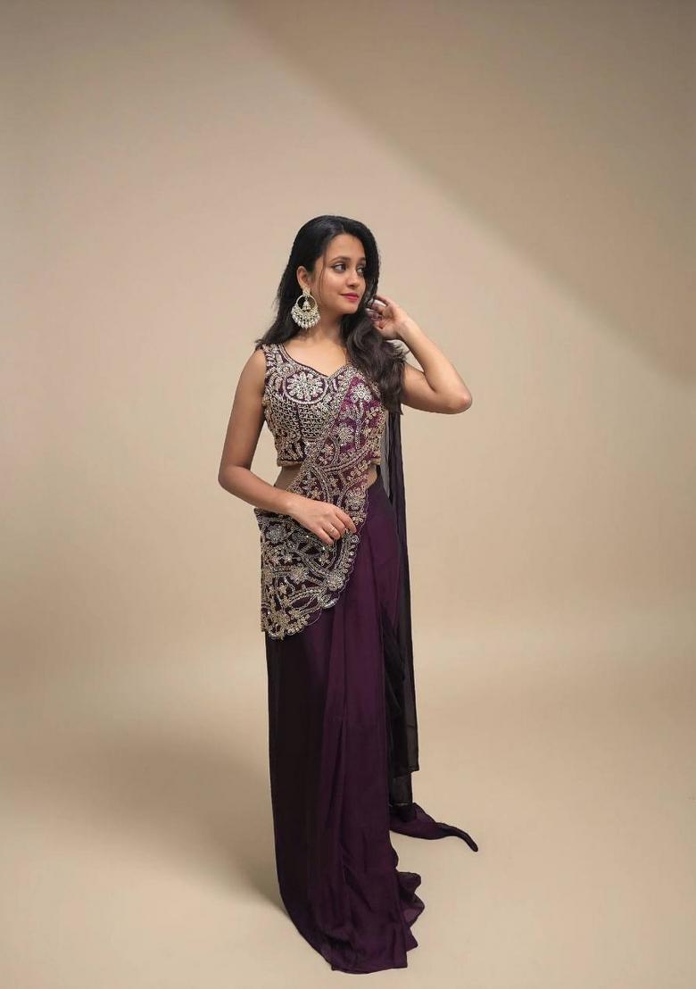 Wine Embroidery Silk Saree Set - Indya