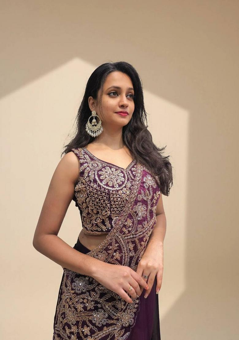 Wine Embroidery Silk Saree Set - Indya