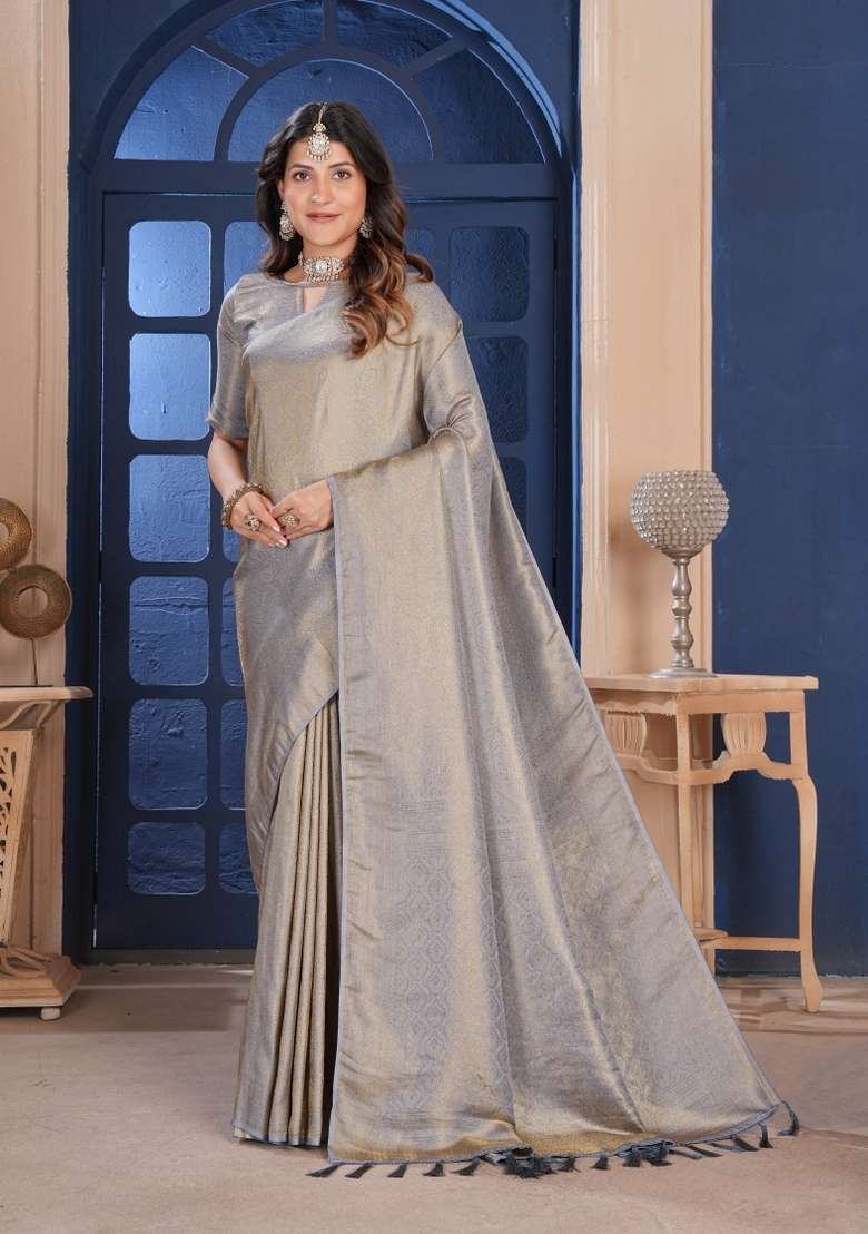 Grey Zari Work Silk Blend Saree Set for Diwali and Festive Wear - Indya