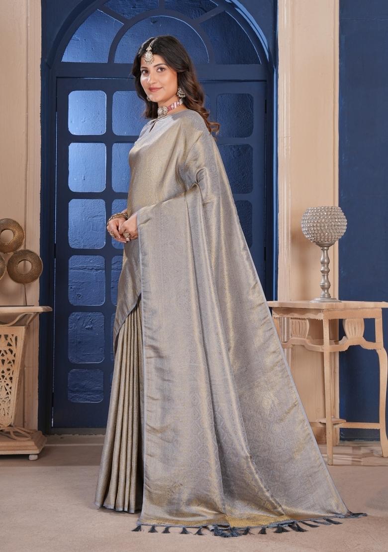 Grey Zari Work Silk Saree Set - Indya