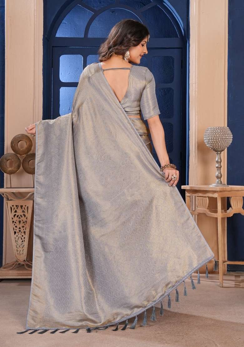 Grey Zari Work Silk Blend Saree Set for Diwali and Festive Wear - Indya