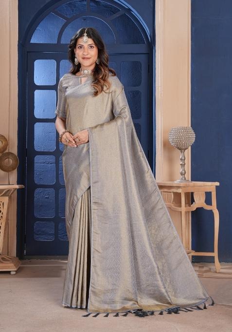 Grey Zari Work Silk Blend Saree Set