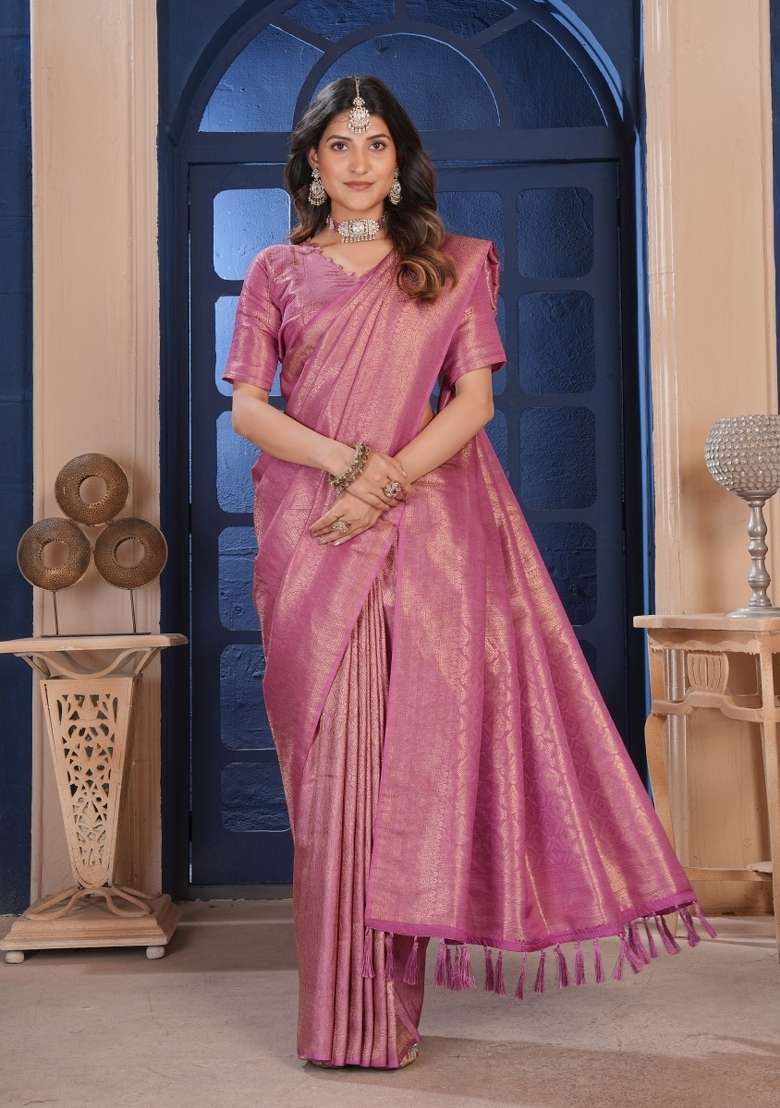 Light Pink Silk Blend Saree Set with Zari Work for Diwali | Wedding & Festive Wear - Indya