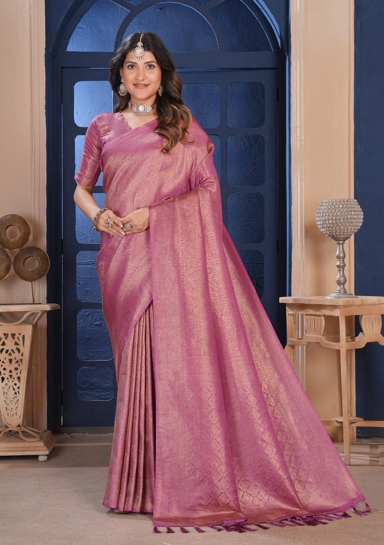 Light Pink Zari Work Silk Saree Set - Indya
