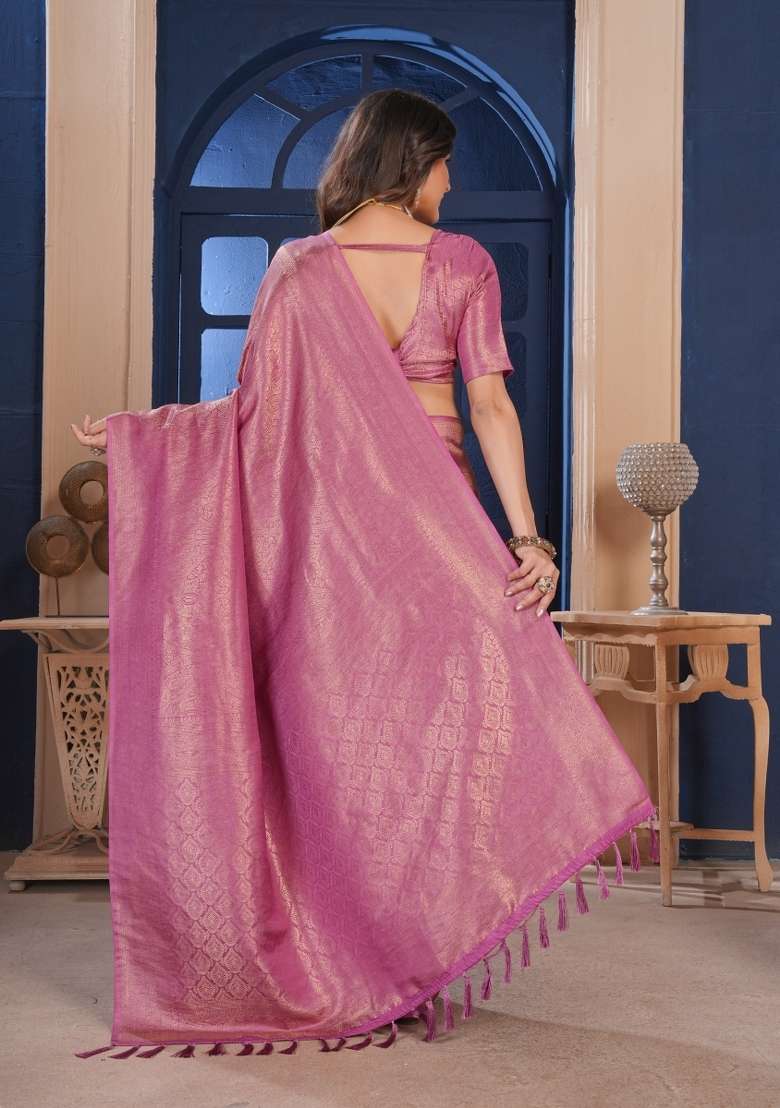 Light Pink Silk Blend Saree Set with Zari Work for Diwali | Wedding & Festive Wear - Indya